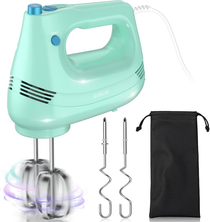 GUALIU Electric Hand Mixer with Stainless Steel Whisk, Dough Hook Attachment and Storage Bag, Handheld Mixer for Baking Cakes, Eggs, Cream Food Mixers. Turbo Boost /5 Speed Kitchen Blender GREEN - Image 1